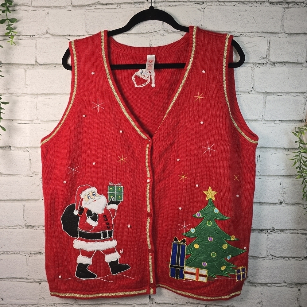 VINTAGE UGLY CHRISTMAS SWEATER VEST SANTA CHRISTMAS TREE COTTON BLEND WOMENS 20